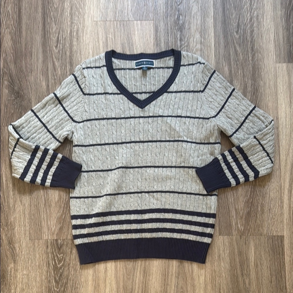Karen Scott Gray and Blue V-Neck Sweater Navy Casual Pullover